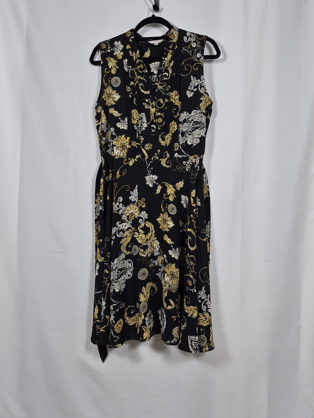 Nanette Black Gold Floral Baroque Midi Dress Sleeveless Belted Size 8